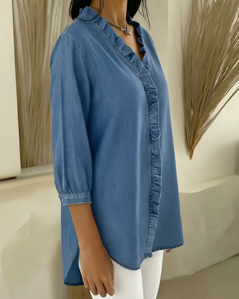 Bluse Ruffle V-Ausschnitt Denim