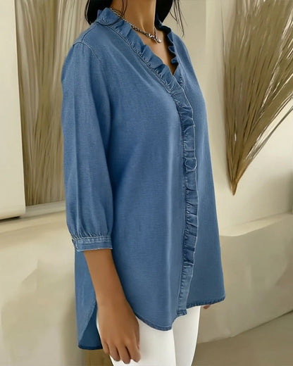 Bluse Ruffle V-Ausschnitt Denim