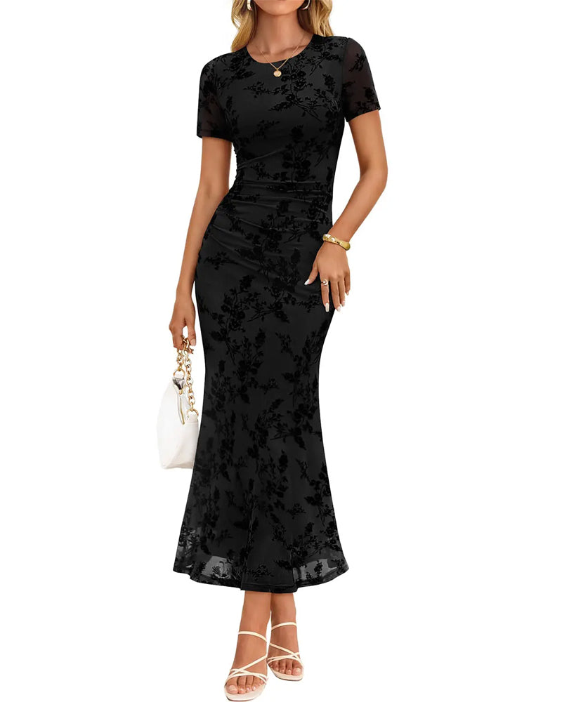 Kleid Blumenprint Taillenbetonend Mesh