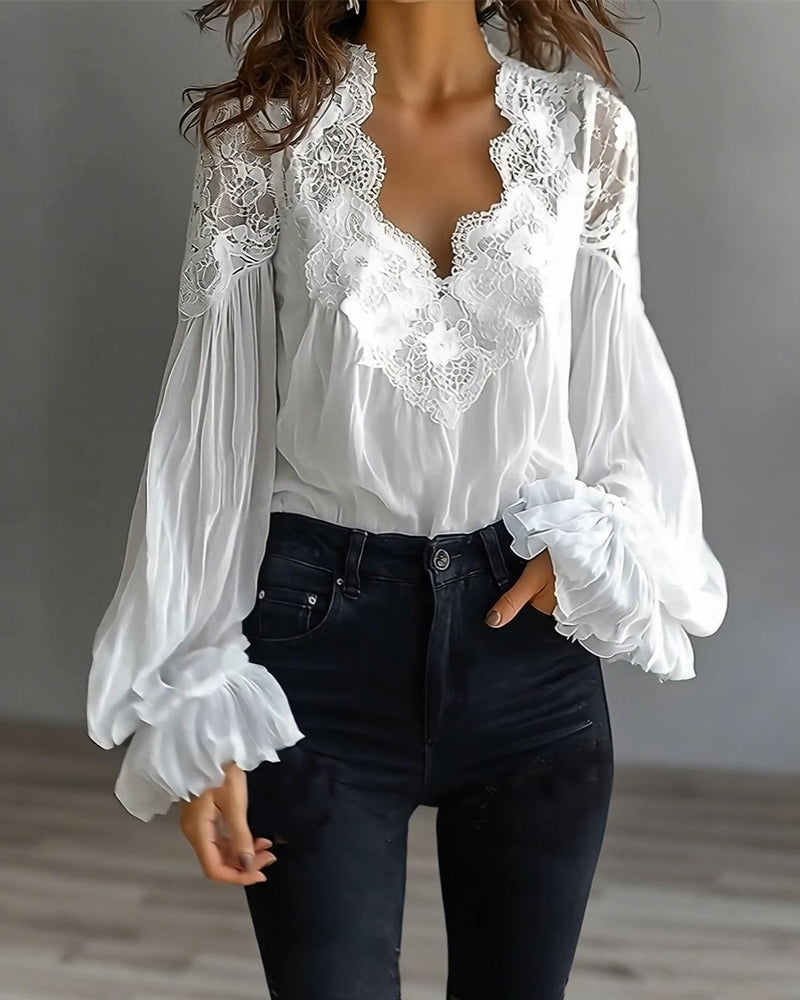 Bluse Spitze Patchwork V-Ausschnitt