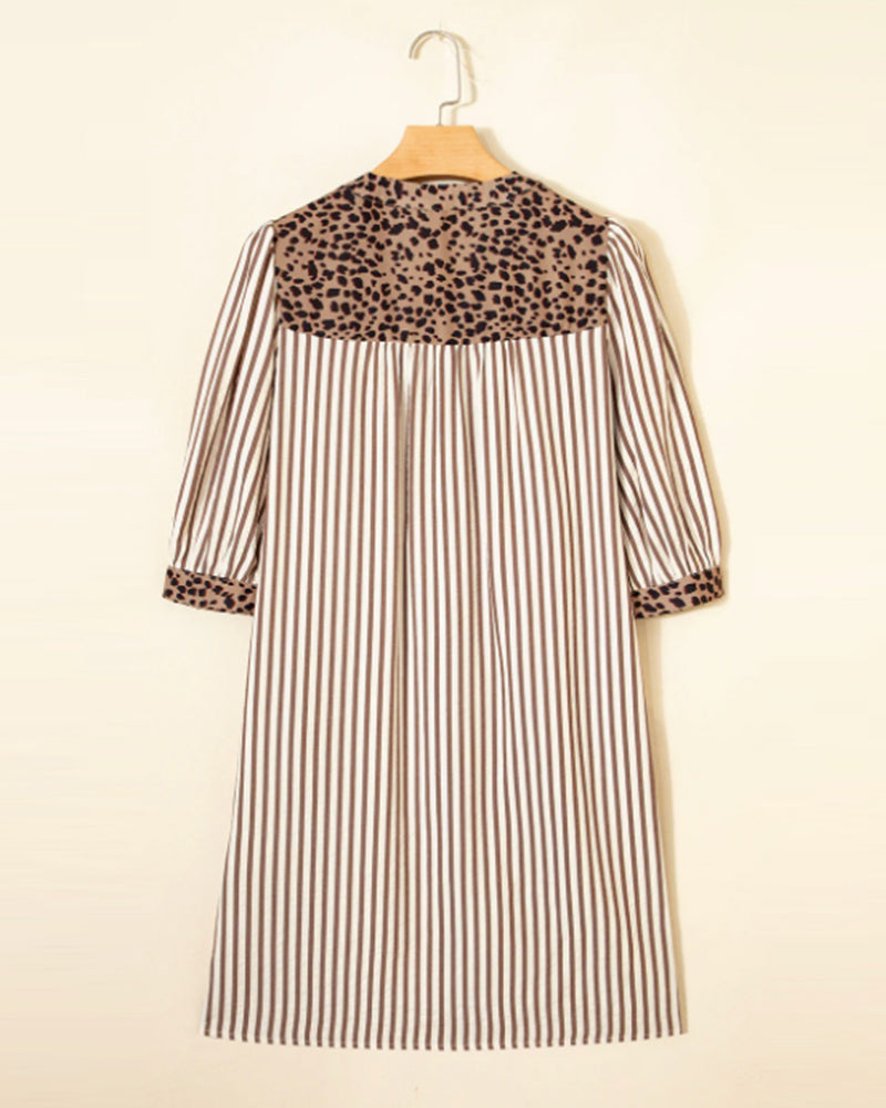 Kleid Gestreift Leopard Patchwork Hemd