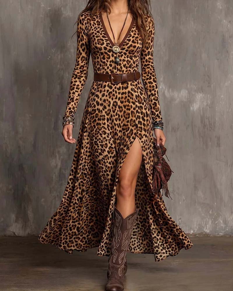 Leopardenmuster V-Ausschnitt Kleid Mit Schlitz