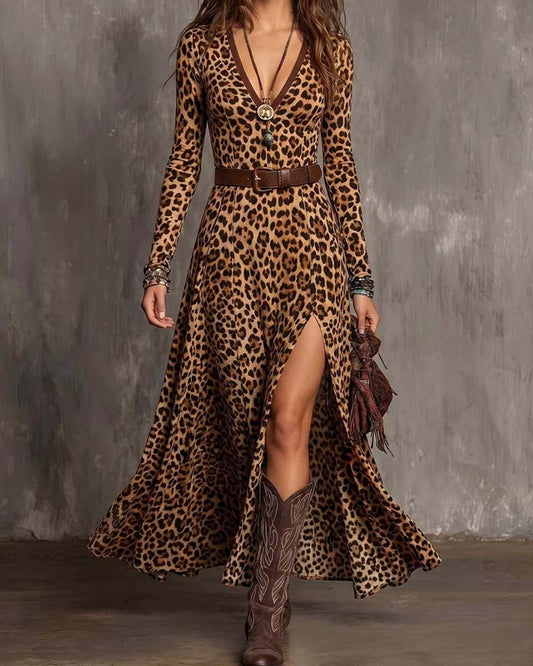 Leopardenmuster V-Ausschnitt Kleid Mit Schlitz