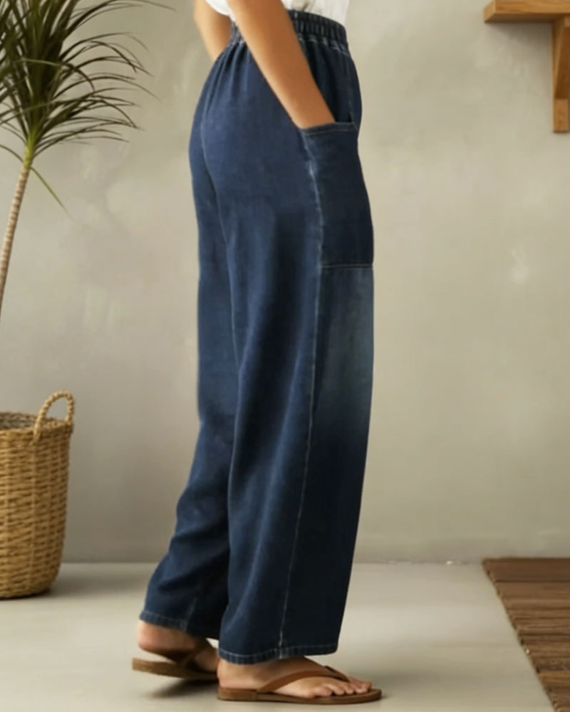 Jeans Elastische-Taille Breites-Bein