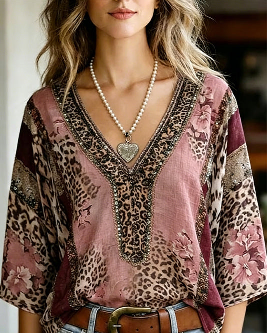 Bluse V-Ausschnitt Laterne Ärmel Leopard