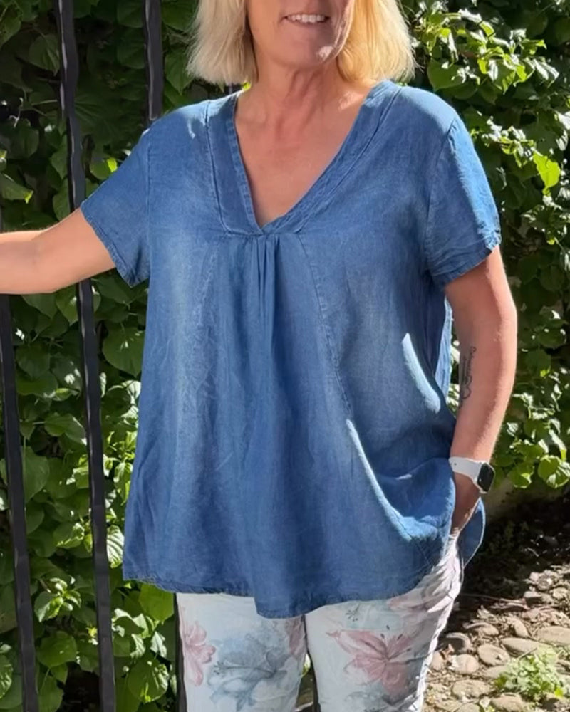Bluse locker geschnitten V-Ausschnitt Denim