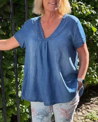 Bluse locker geschnitten V-Ausschnitt Denim