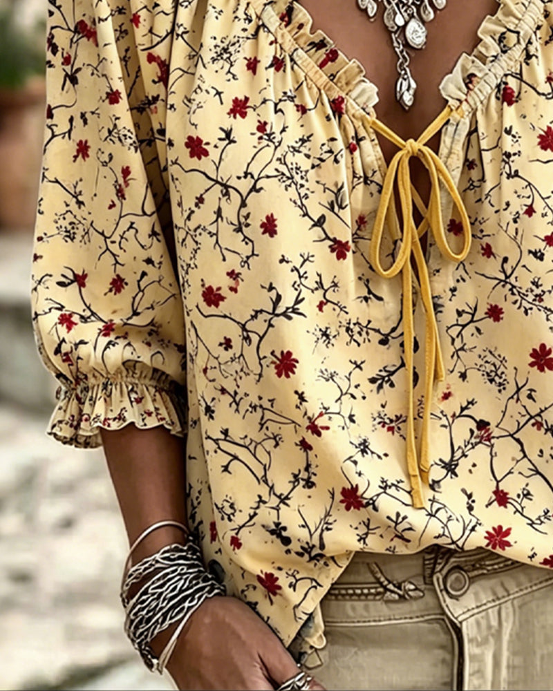 Bluse Kleine Rote Blume Blumig Krawatte