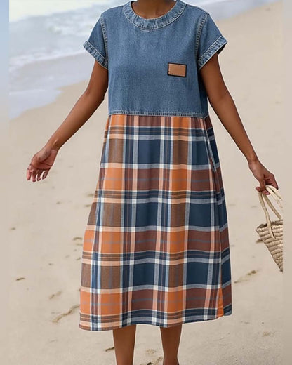 Kleid Denim Patchwork Karriert Leger