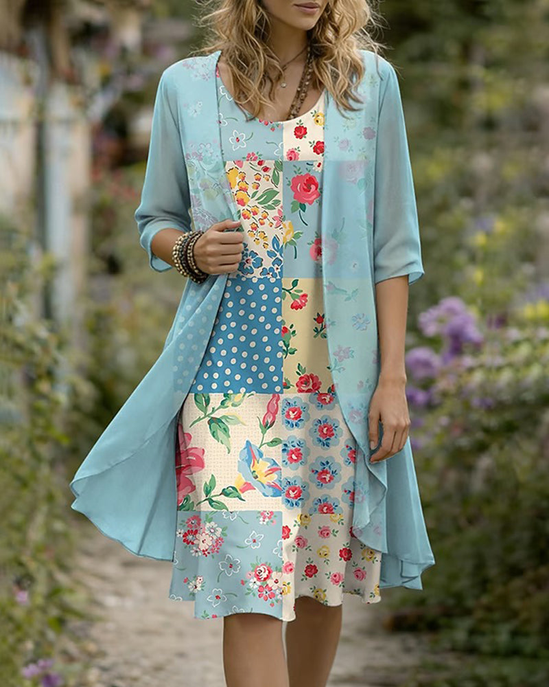 Set Blumen-Patchwork-Kleid Und Überwurf