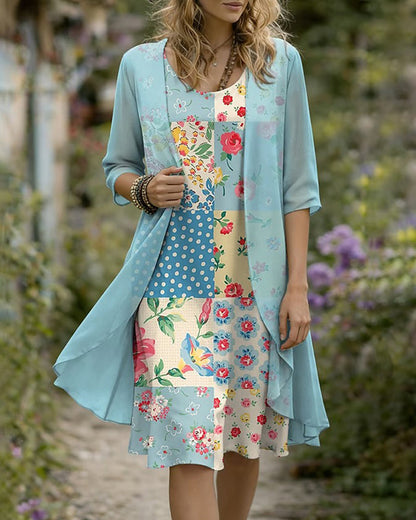 Set Blumen-Patchwork-Kleid Und Überwurf