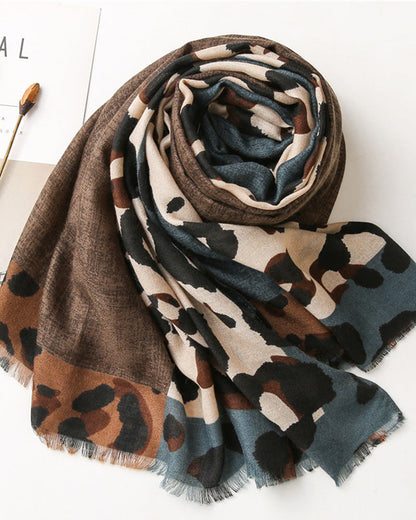 Damen Schal Leopard Patchwork Print Fransen Schal