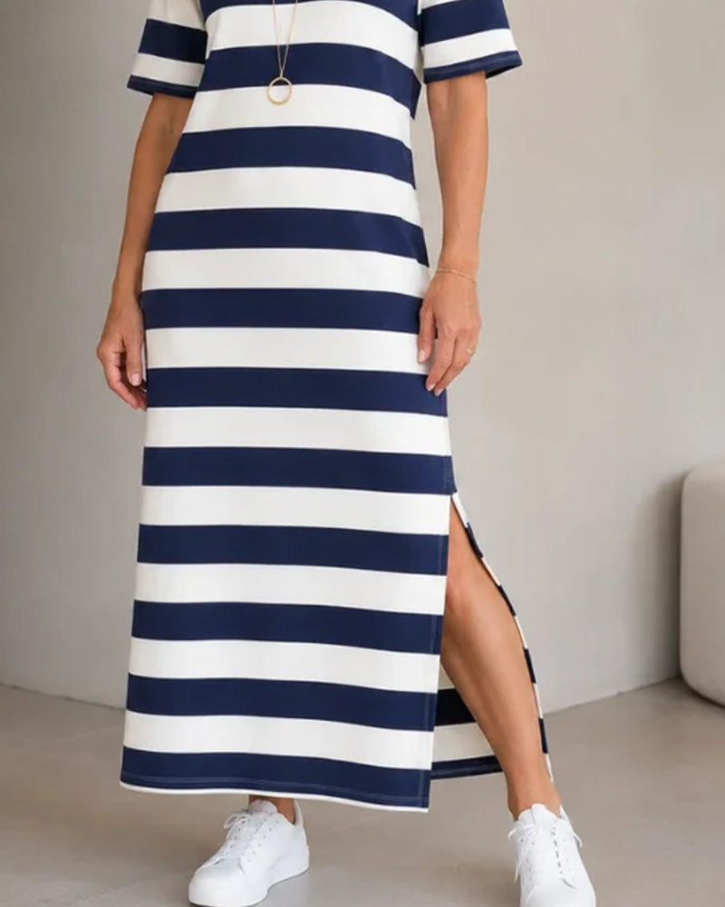 Kleid Gestreift Kurzarm Schlitz Lang T-Shirt