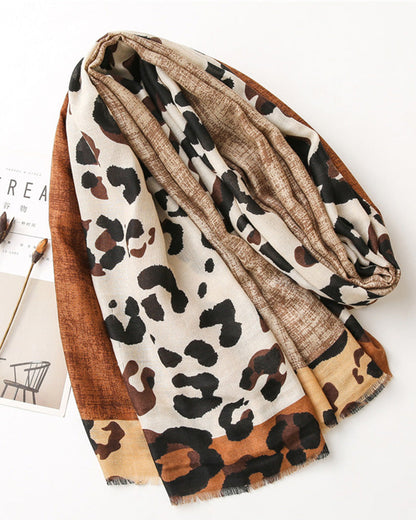 Damen Schal Leopard Patchwork Print Fransen Schal