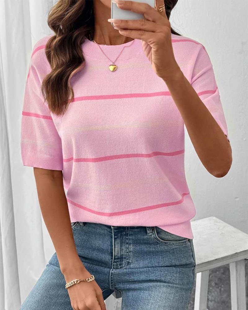 Pullover Streifen Kontrastfarbe Kurzarm Gestrickt
