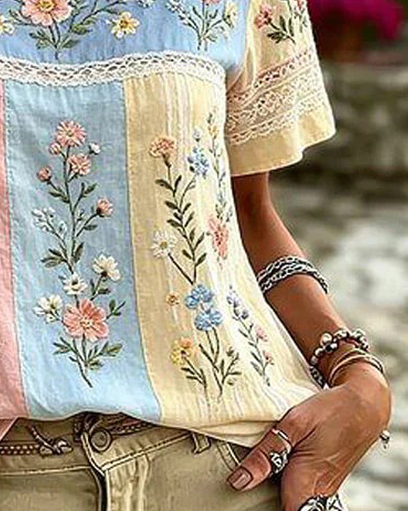 Bluse Rundhals Patchwork Blumen