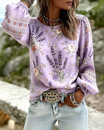 Bluse Lavendel Blumenprint Laternenärmel