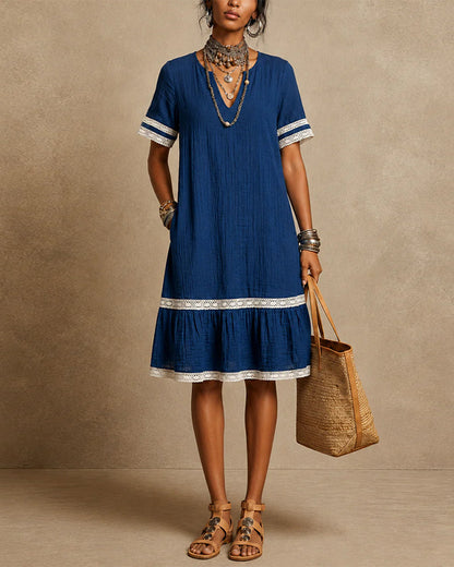 Kleid V-Ausschnitt Patchwork gerade