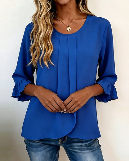 Bluse Rundhals Fältelt Rüsche Dreiviertel Ärmel
