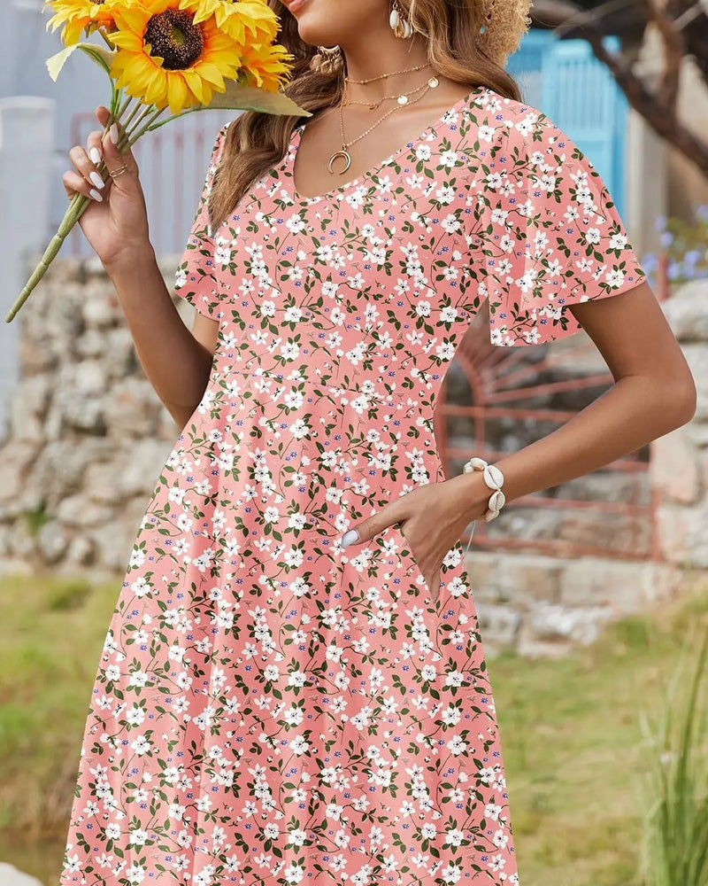 Kleid V-Ausschnitt geblümt kurzärmelig taillierend