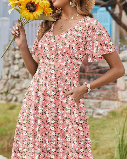 Kleid V-Ausschnitt geblümt kurzärmelig taillierend