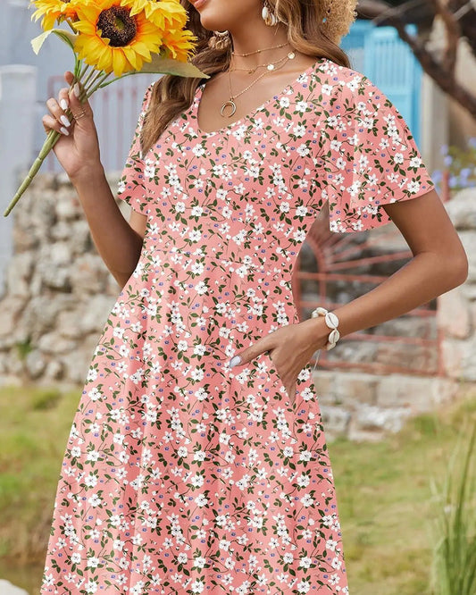 Kleid V-Ausschnitt geblümt kurzärmelig taillierend