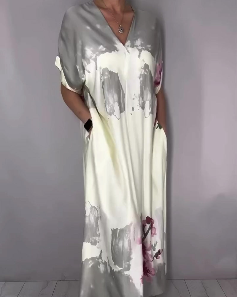 Kleid Tinte Waschen Pfirsichblüte V-Ausschnitt Maxi