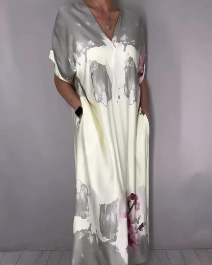 Kleid Tinte Waschen Pfirsichblüte V-Ausschnitt Maxi