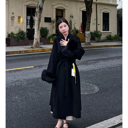 Long Overcoat with Faux Fur Cuffs for Women - Fortunata