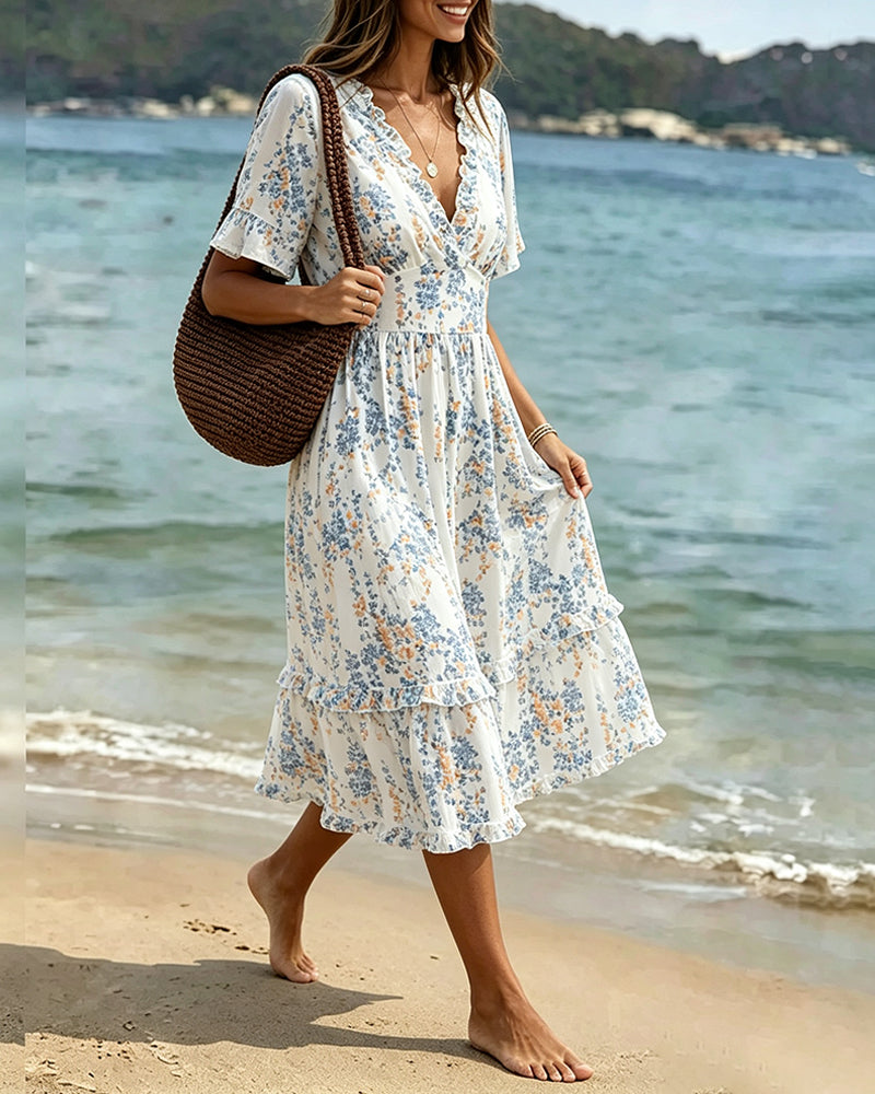 Kleid Blumen Rüsche V-Ausschnitt Patchwork