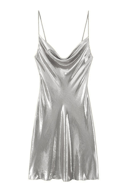 Y2K Cowl Neck Metallic Slip Minikleid