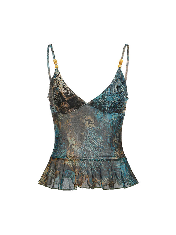 Grünes American Vintage Top mit Perlenverzierung und Print