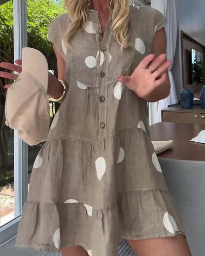 Kleid Polka Punkt Knopf Vorne A-Linie