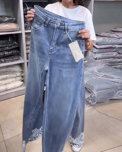 Hose Casual Unifarben Weites Bein Denim