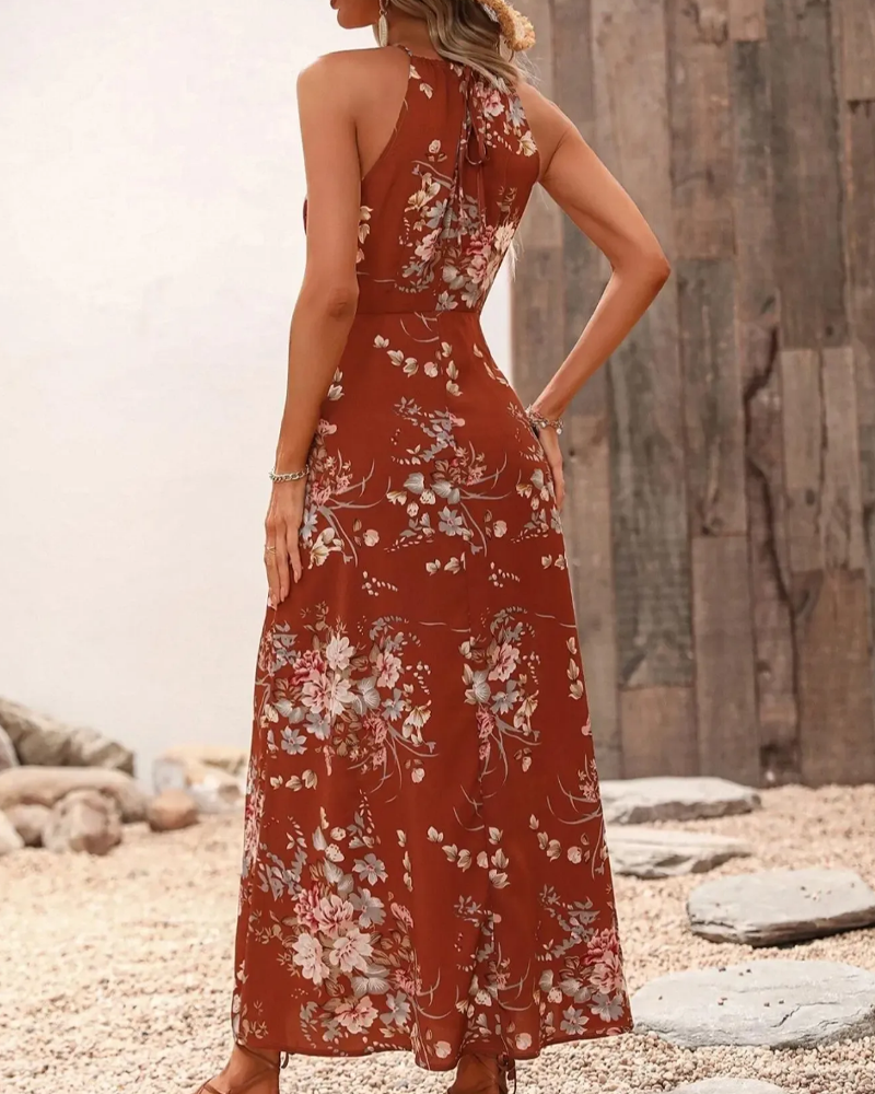 Kleid Halterneck Schlitz Tailliert Blumenmuster