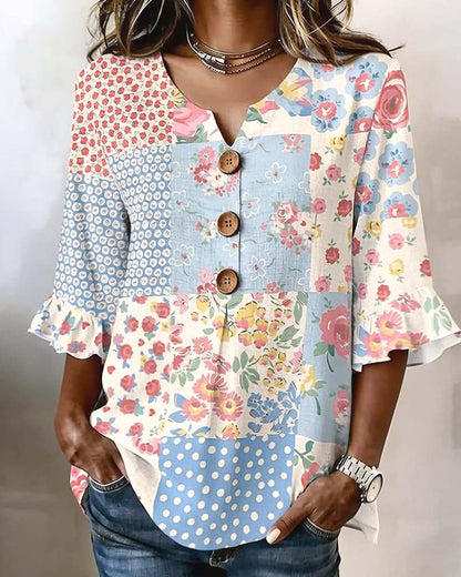 Bluse Kurzarm Blumenprint Patchwork