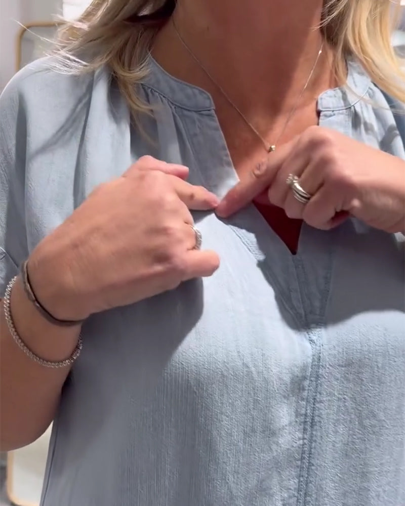 Kleid V-Ausschnitt Kurzarm Denim Lässig