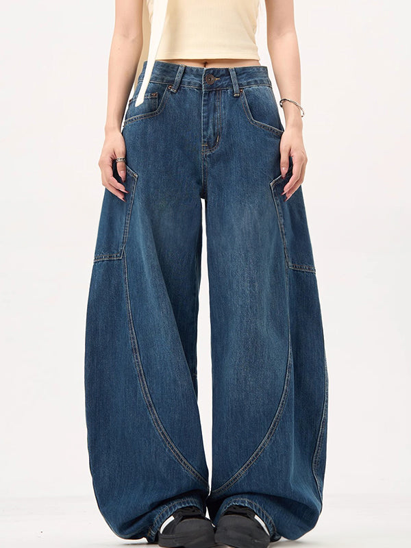 Vintage Blaue Boyfriend Jeans mit Großen Taschen und Weitem Krummschnitt