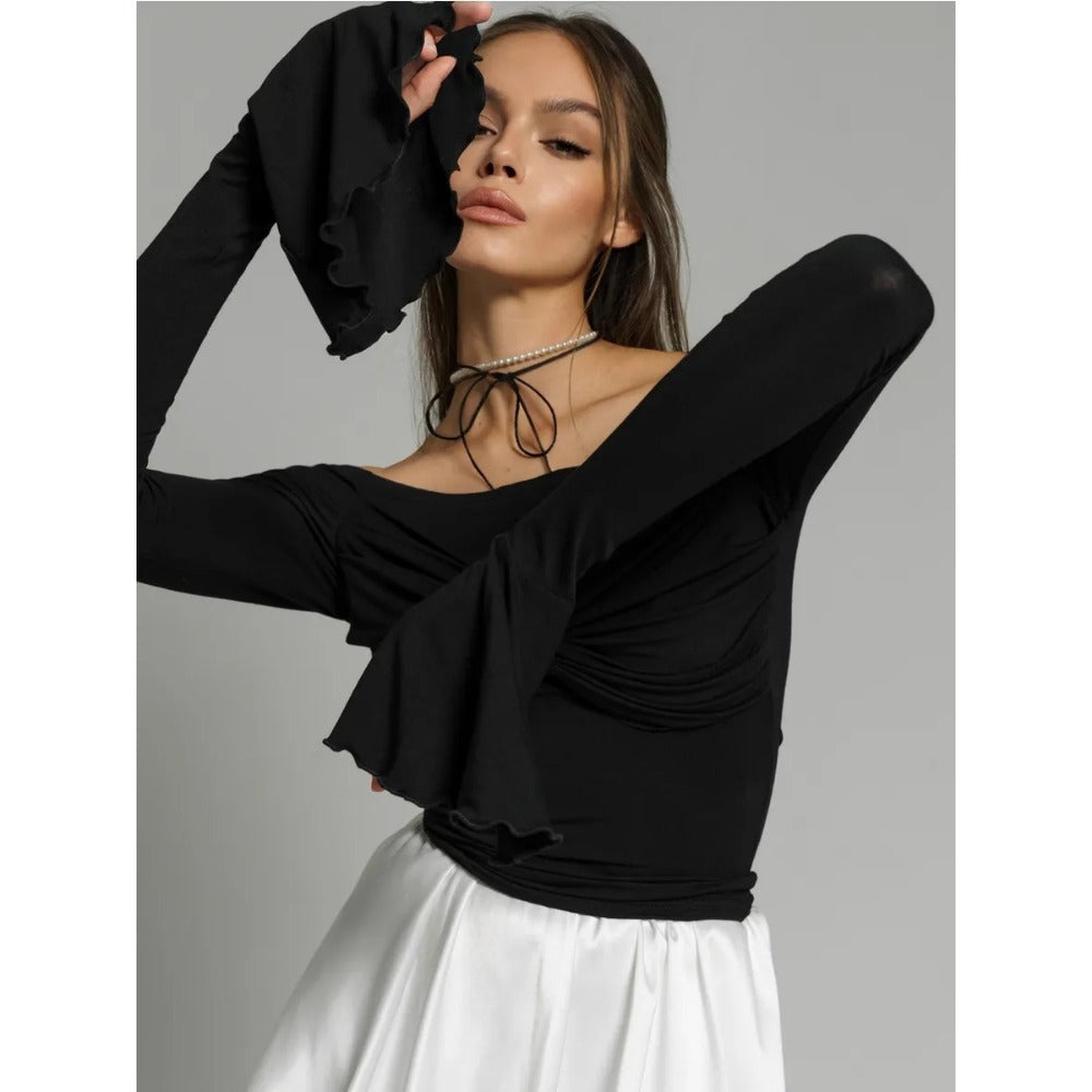 Off Shoulder Long Sleeve Top with Flared Cuffs for Women - Orsola