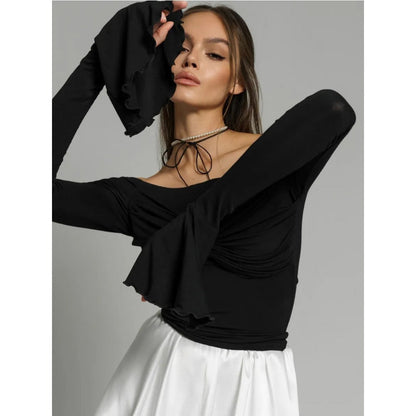 Off Shoulder Long Sleeve Top with Flared Cuffs for Women - Orsola