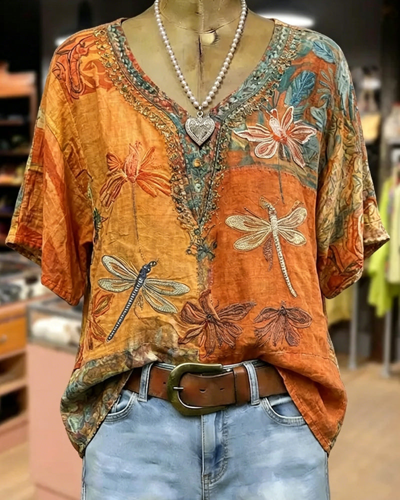 Bluse Vintage Libellenprint Lässig