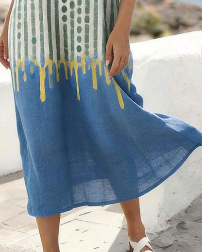 Kleid V-Ausschnitt Polka Punkt Gestreift Kontrastfarbe
