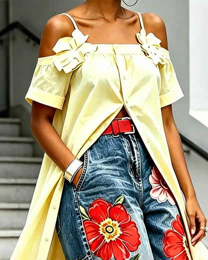 Bluse Dünner Träger Cold Shoulder Lang