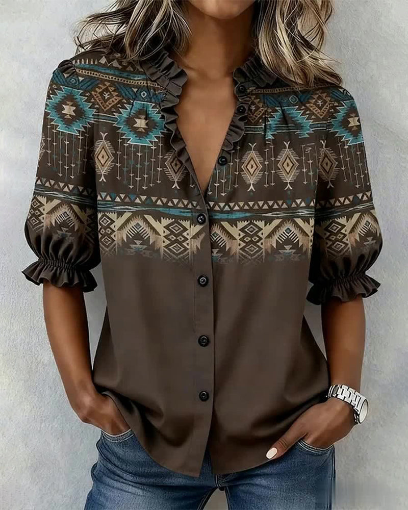 Bluse Western Stil Gedruckt Volant Kurzärmelig