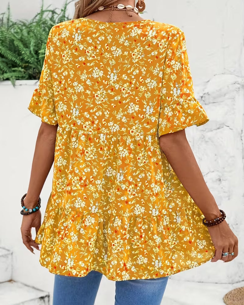 Bluse V-Ausschnitt Flatterärmel Blumen