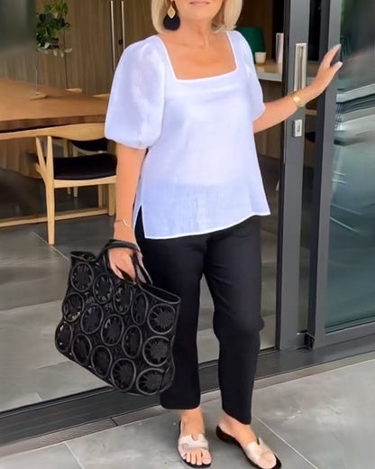 Bluse Rechteckiger Ausschnitt Casual Puffärmel