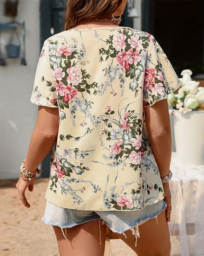 Bluse Blumendruck V-Ausschnitt Kurzarm