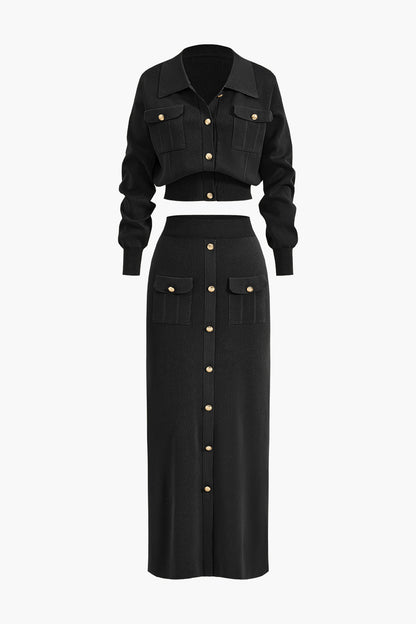 Einfarbiges Vintage Crop Top mit Knopfleiste und Maxirock Set