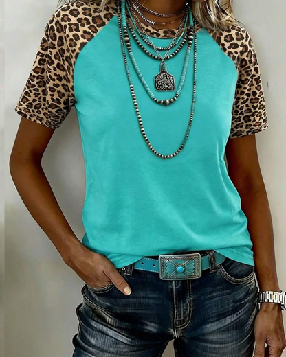 T-Shirt Leopardenprint Patchwork Raglanärmel