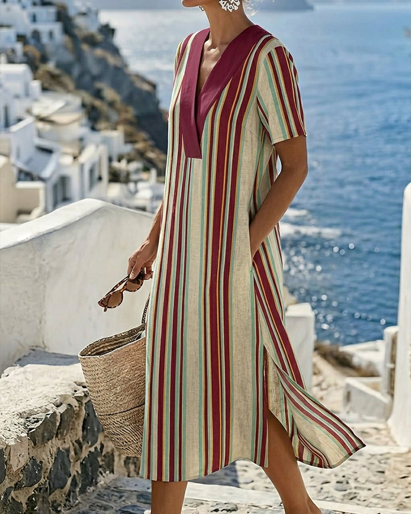 Kleid mit V-Ausschnitt im Color-Block gestreift